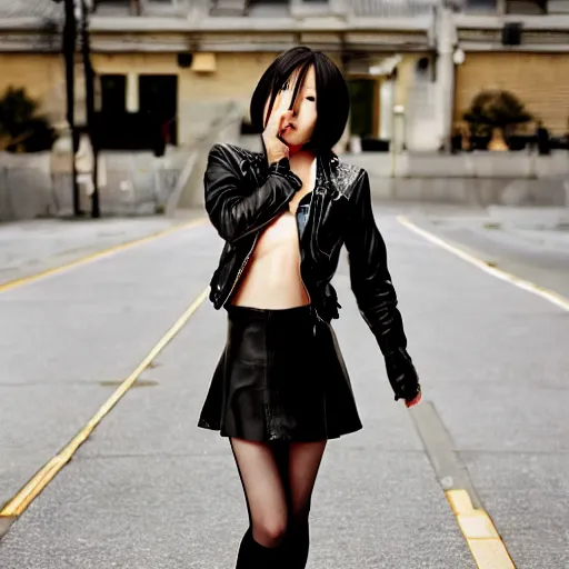 Image similar to a dynamic, epic cinematic 8K HD movie shot of a japanese young J-Pop idol girl wearing leather jacket, miniskirt, nylon tights and high heels boots. Motion, VFX, Inspirational arthouse