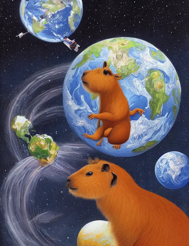 Image similar to beautiful detailed painting of a capybara in a spacesuit floating above earth by casey weldon by mark ryden by thomas blackshear