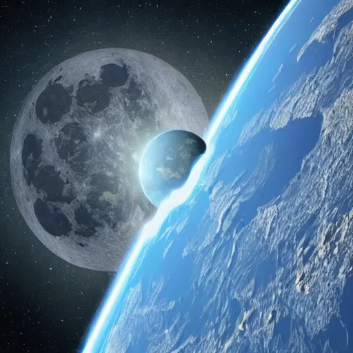 Image similar to the earth is obliterated by an Enormous alien ship shooting a plasma beam, moon pov looking down on earth