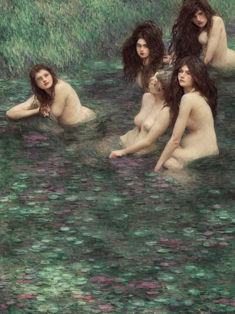 Image similar to illustration studio portrait of three dark beautiful woman bodies mermaids female energy in artistic poses in the river at the forest, monet painterly motives and textures pattern, hyper detailed, octane render, vivid colors, artstation, by jeremy mann, by alphonse mucha, by monet