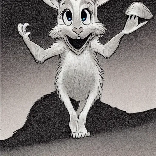 Prompt: very cute kid\'s film character rabbit in the style of Bambi, \'the secret of nimh\' , disney character concept artwork, concept art, detailed animation sheet, animal wearing a hat, high detail iconic character for 1997 film, official character sheet by don bluth