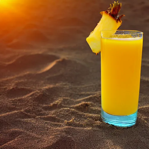 Image similar to pineapple juice chilling on the beach lying in a sun bed, realistic, hdr, clear image, hdd, dynamic lighting, rtx on,