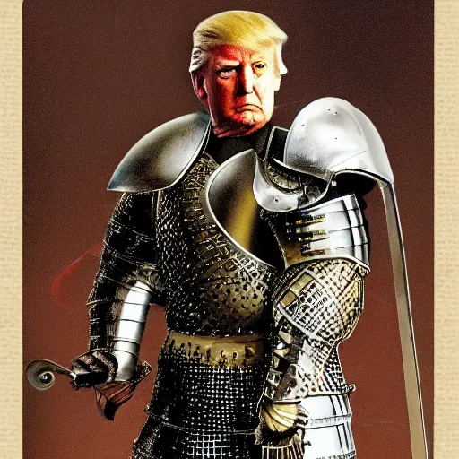 Image similar to donald trump wearing knights armor, holding one broadsword, by hans holdein, donald trumps highly detailed handsome face, two arms, two legs