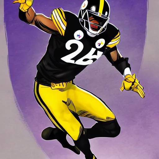 Image similar to detailed najee harris jumping over defender, steelers uniform, in the style of a marvel comic book, realistic, trending on artstation