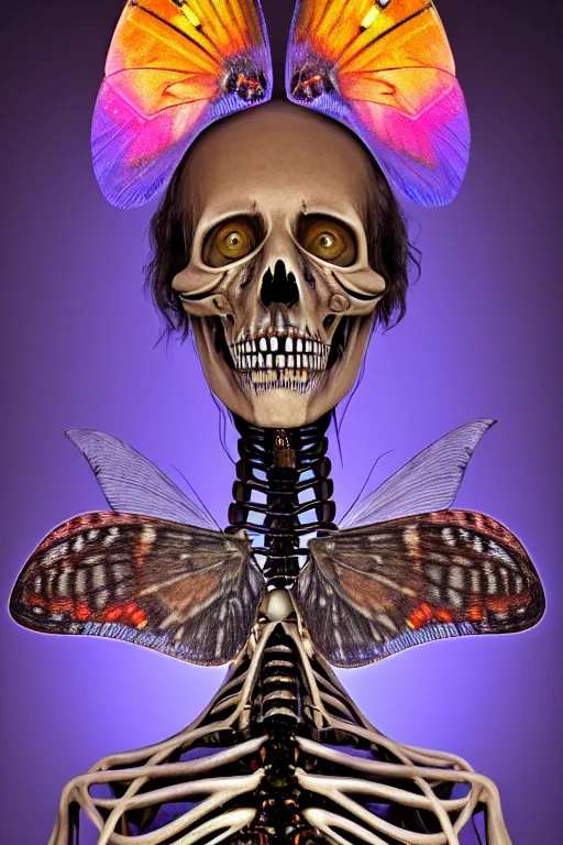 Image similar to a portrait of a skelton with moth wings, highly detailed, digital photo, hdri, by christopher bretz and john carpenter, vivid colors, high contrast, 8 k resolution, intricate, photorealistic, smooth, psychedelic color scheme, concept art, award winning, cg society contest winner