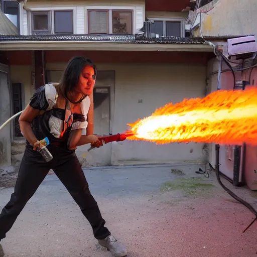 Prompt: Priti Pattel Weilding A flamethrower, firing it into a building, medium shot photo 8k ultrahd