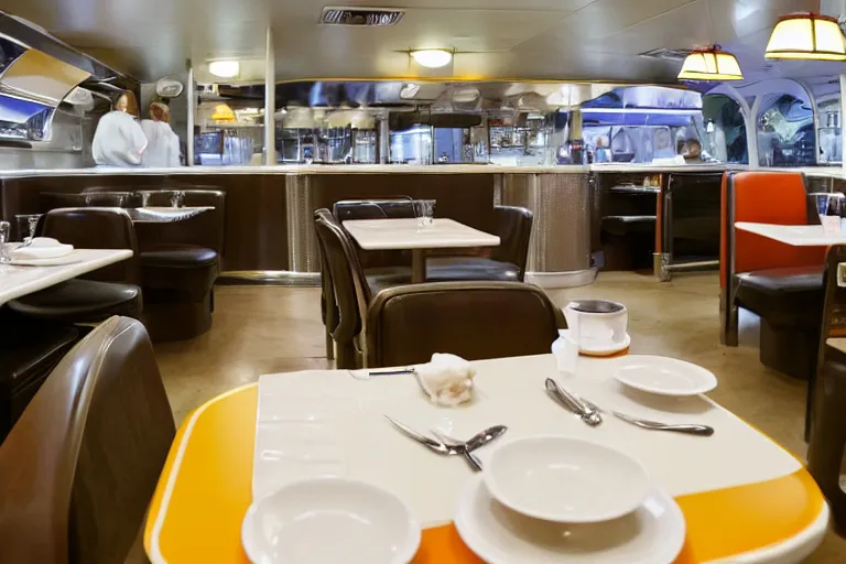 Image similar to 2001 y2k diner, extending forever into the infinite horizon 85mm f/11 interior photography two point perspective