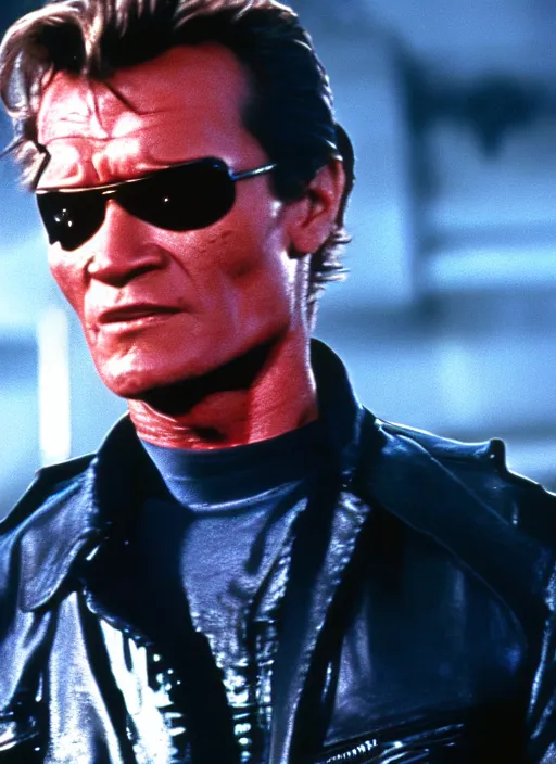 Image similar to film still of Patrick Swayze as The Terminator in Terminator, 4k