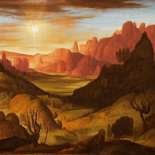 Prompt: a vast, mystical landscape, painted in the style of the great masters of the renaissance. in the center of the image, a golden sun sets behind a mountain range, casting a warm glow over the valleys below.