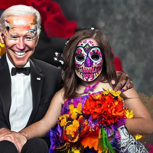 Prompt: joe biden celebrating dia de los muertos, award winning celebration photography