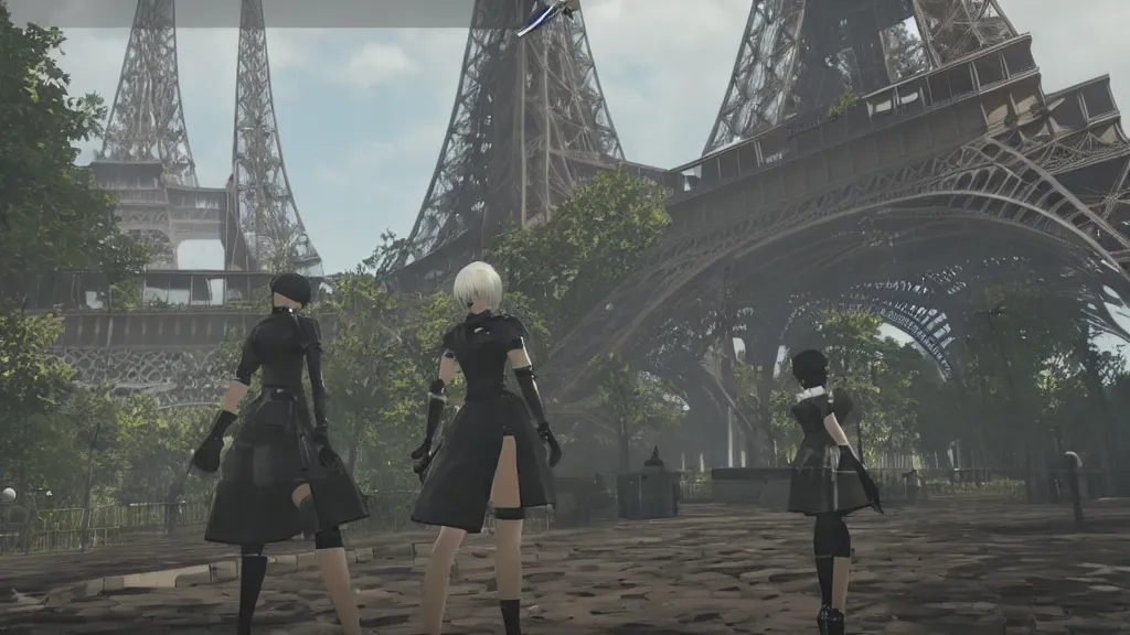 Image similar to Screenshot from Nier Automata, near the Eiffel tower in Paris