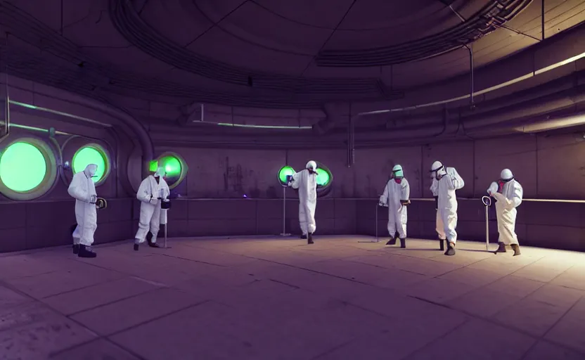 Image similar to in-game screenshot of a group of hazmat scientists on unreal engine 5, in a liminal underground garden, photorealistic, retrofuturism, brutalism, staggered terraces, minimalist, soft vintage glow