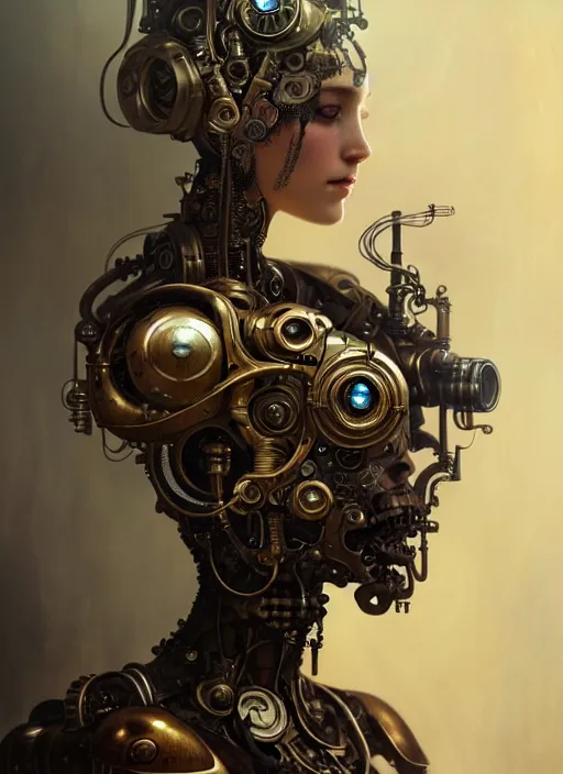 Prompt: steam punk cyborg, diffuse lighting, fantasy, intricate, elegant, highly detailed, lifelike, photorealistic, digital painting, artstation, illustration, concept art, smooth, sharp focus, art by John Collier and Albert Aublet and Krenz Cushart and Artem Demura and Alphonse Mucha