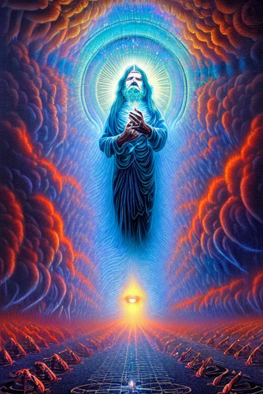 Prompt: a photorealistic detailed image of departed soul entering into the afterlife, spiritual evolution, science, divinity, utopian, triumphant, cinematic, epic, grandiose, moody, mathematics, futuristic, by jason felix, dan mumford, kinkade, lisa frank, wpa, public works mural, socialist