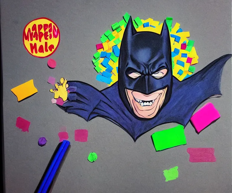 Image similar to “ happy treacher collins batman eating crayons in mouth, photorealistic, hyperrealism, 8 k, mixed - media, extra limbs ”