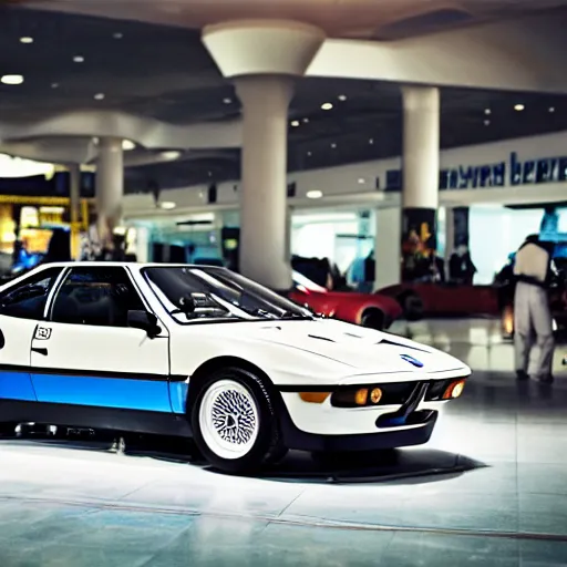 Image similar to bmw m 1 inside a mall, professional photography, vaporwave