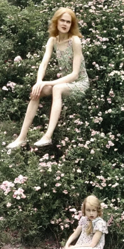 Image similar to young nicole kidman, long hair, beautiful dress, 1930, out of focus, sitting in green garden