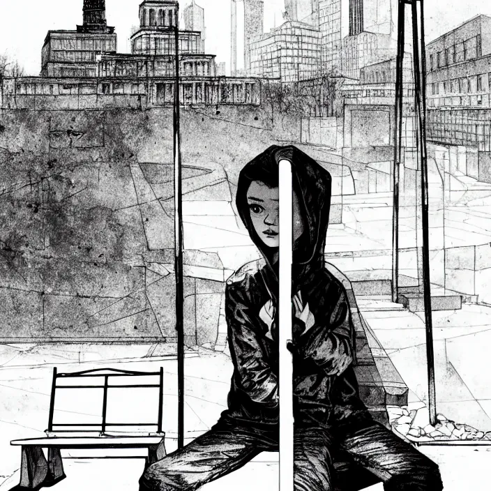 Image similar to storyboard : sadie sink in hoodie sits on bench in ruined square, pedestrians walk by, soviet monument and propaganda posters. scifi cyberpunk. by gabriel hardman. cinematic atmosphere, detailed and intricate, perfect anatomy