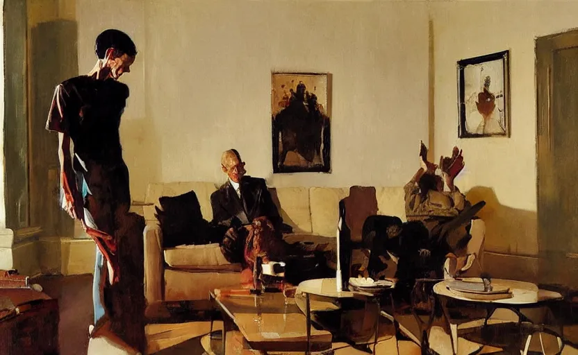 Image similar to a thin man cowers in a corner whilst his wife stands on a coffee table in a dark living room, painted by phil hale and rick berry and norman rockwell and jeremy mann, highly detailed