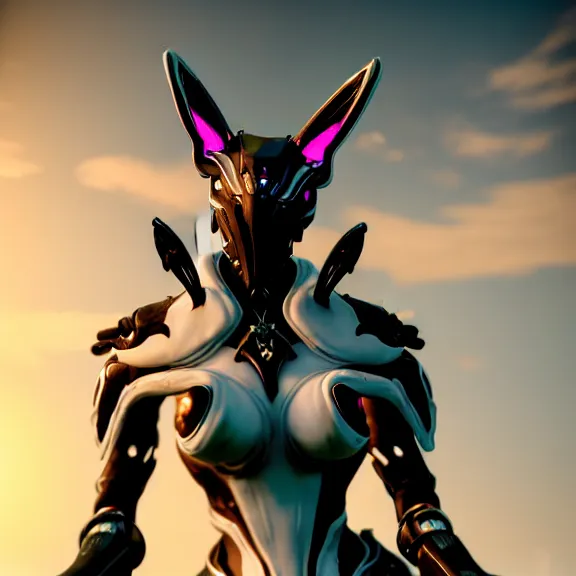 Prompt: cinematic close bust shot, of an exquisite beautiful saryn prime female warframe, that's a beautiful stunning hot anthropomorphic robot female dragon with metal cat ears and glowing eyes, doing a sassy pose, standing on the beach at sunset, detailed arms, sharp claws, streamlined white armor, pink skin, two arms, two legs, detailed warframe fanart, destiny fanart, macro art, dragon art, furry art, realistic digital art, warframe art, Destiny art, furaffinity, DeviantArt, artstation, 3D realistic, 8k HD, octane render