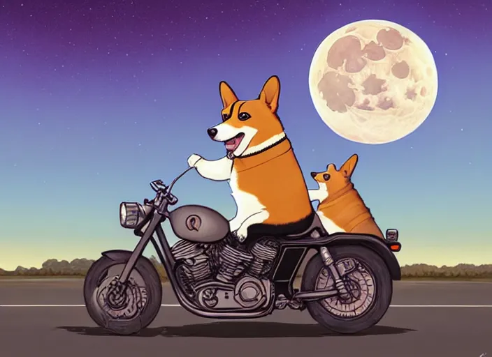 Image similar to a cell shaded cartoon corgi riding a motorcycle, with a big head, on a desert road, wide shot, in front of a big moon, muted colors, post grunge, josan gonzales, wlop, by james jean, victor ngai, hq, deviantart, art by artgerm