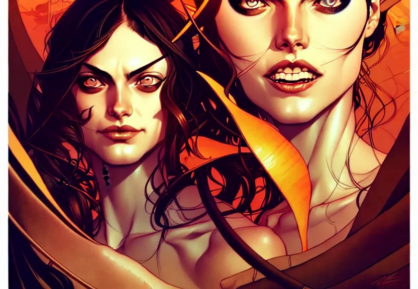 Image similar to artgerm, joshua middleton comic cover art, pretty pirate phoebe tonkin smiling, full body, symmetrical eyes, symmetrical face, long curly black hair, on a pirate ship background, warm colors