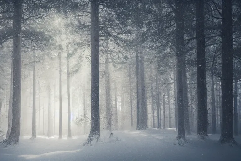 Prompt: portrait of pine trees in a forest during a blizzard. shadow and light. rays of light. energetic, dynamic, lively, detailed, intricate, complex. fine art by hayao miyazaki, akira toriyama, makoto shinkai, and ohara koson. studio lighting. tilt and shift lens. bokeh.