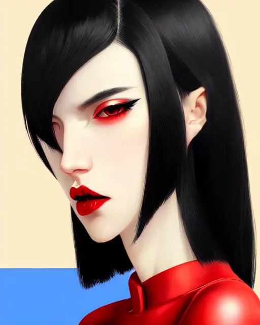 Image similar to side view of pale skin beauty in mini skirt and crop top, black hair, red lips, paint by ilya kuvshinov and ross tran and karol bak and stanley lau and anna dittmann and artgerm and xiaoguang sun and tian zi