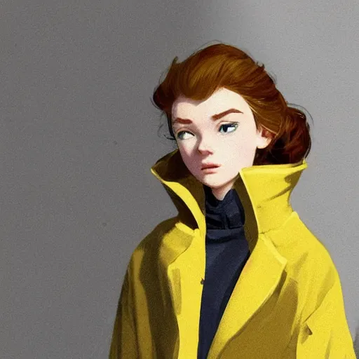 Image similar to a highly detailed epic cinematic concept art CG render digital painting artwork costume design: a teenage Sadie Sink in a 1950s man's coat and hoodie. muted colors with some yellow accents. By Greg Rutkowski, Ilya Kuvshinov, WLOP, Stanley Artgerm Lau, Ruan Jia and Fenghua Zhong, trending on ArtStation, made in Maya, Blender and Photoshop, octane render, excellent composition, cinematic atmosphere, dynamic dramatic cinematic lighting, aesthetic, very inspirational, arthouse