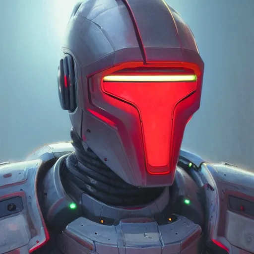 Image similar to robot with glowing red visor as a realistic scifi cyberpunk knight, closeup portrait art by donato giancola and greg rutkowski, realistic face, digital art, trending on artstation, symmetry!!!