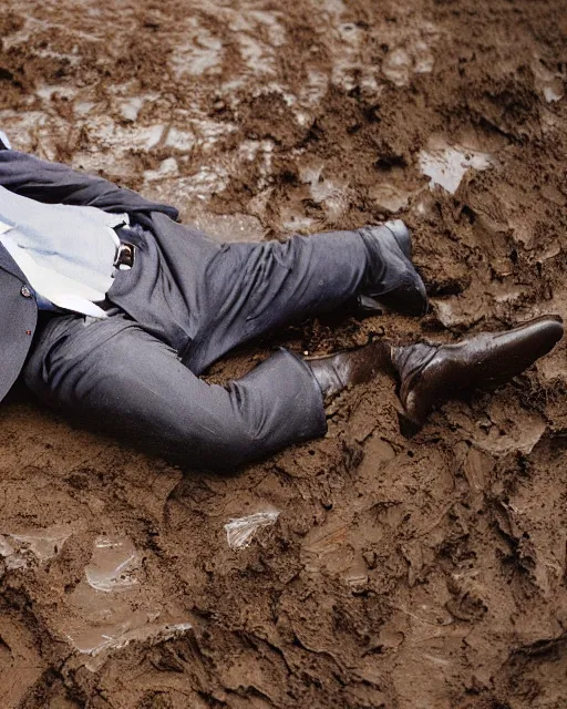 Prompt: an oil painting of uk politician former prime ministe boris johnson lying down in a pile of mud on a farm, covered in dirt, 4 k detail