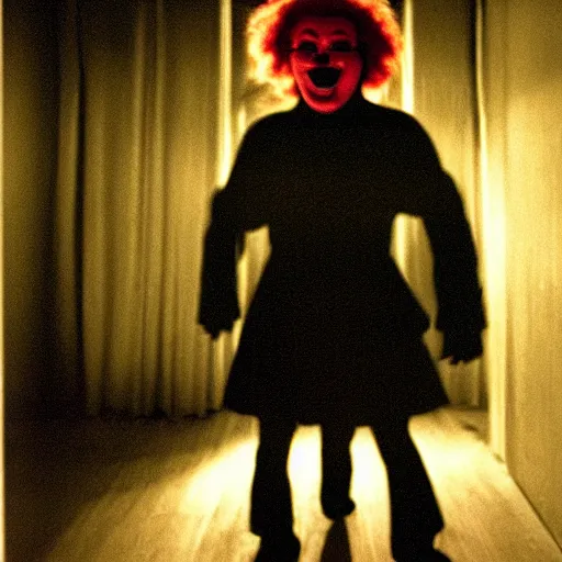 Image similar to creppy 2 0 0 1 photo of ronald mcdonald screaming in a dark room