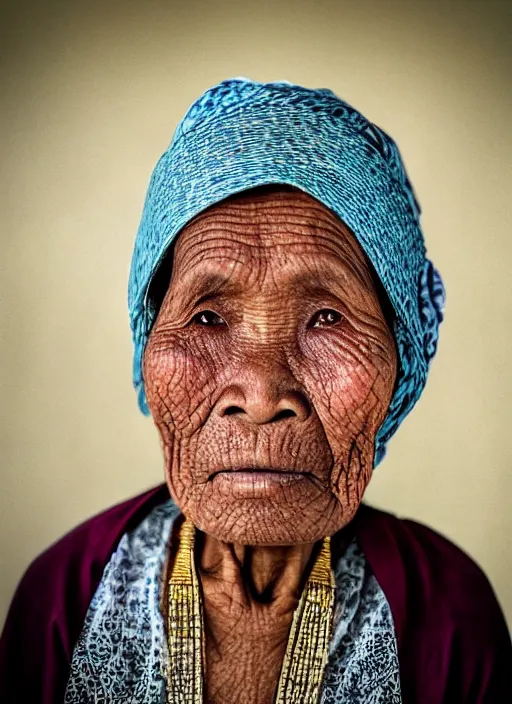 Prompt: portrait of a 1 0 0 year old indonesian woman photo by rarindra prakarsa, virbrant colors, symmetrical face, she has the beautiful calm face of her mother, slightly smiling, black background, dramatic light, f 1. 2