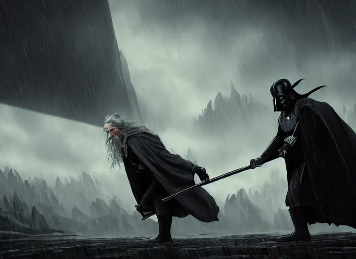 Image similar to gandalf fighting darth vader, beautiful landscape, dramatic lighting, cinematic, establishing shot, night time, heavy rain, extremly high detail, photorealistic, cinematic lighting, epic duel, post processed, concept art, artstation, matte painting, style by greg rutkowsky