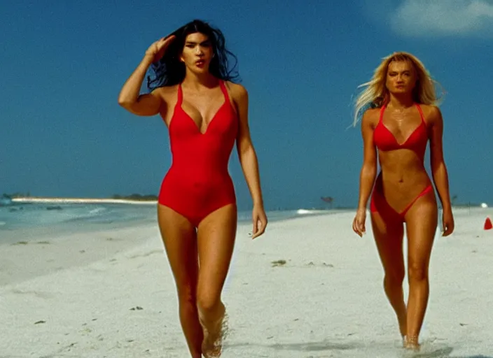 Prompt: a pov, film still of dua lipa as pamela anderson in baywatch, cinematic.