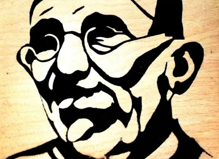 Image similar to a beautiful wood engraving on paper of gandhi