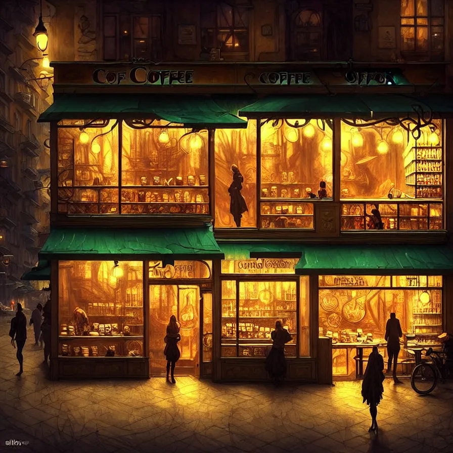 Prompt: a coffee shop store in The City of Ukraine at night with a few customers, extreme plus resolution fantasy concept art, intricate details to everything visible, sharp lighting, Dramatic light by denis villeneuve, strong emphasis on alphonse mucha, Makoto Shinkai