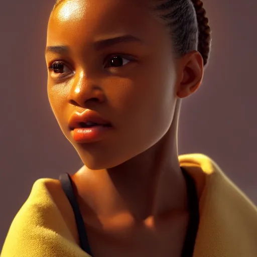 Image similar to a photorealistic hyperrealistic, bright brown eyes, light skinned african young girl, ponytail hair, flawless face, beautiful lips, cute face, black turtle neck shirt, by wlop, artgerm, greg rutwoski, alphonse mucha, beautiful dynamic dramatic low - light moody lighting, cinematic atmosphere, artstation, concept design art, octane render, 8 k