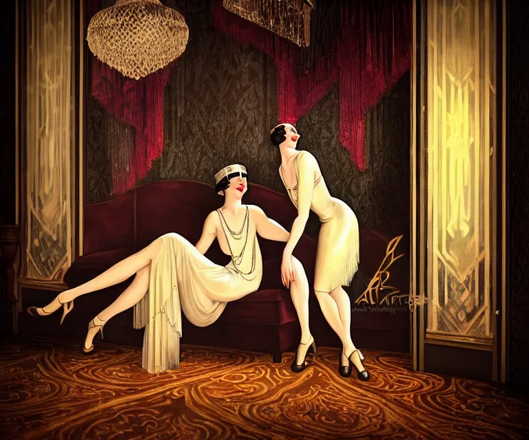 Prompt: a beautiful classy partying couple, dimly lit upscale 1920s speakeasy, relaxed pose, art deco, detailed painterly digital art style by Rolf Armstrong, retro vibe, 🍸, 8k octane beautifully detailed render, post-processing, extremely hyperdetailed, intricate, epic composition, grim yet sparkling atmosphere, cinematic lighting + masterpiece, trending on artstation, very detailed, vibrant colors, Art Nouveau, masterpiece, romanticism