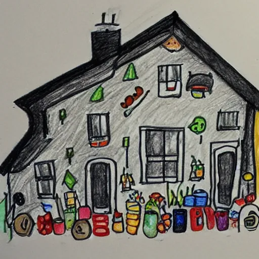 Image similar to drawing of a house with kids made out of food leftovers. Highly detailed. Art by Gordon Ramsey