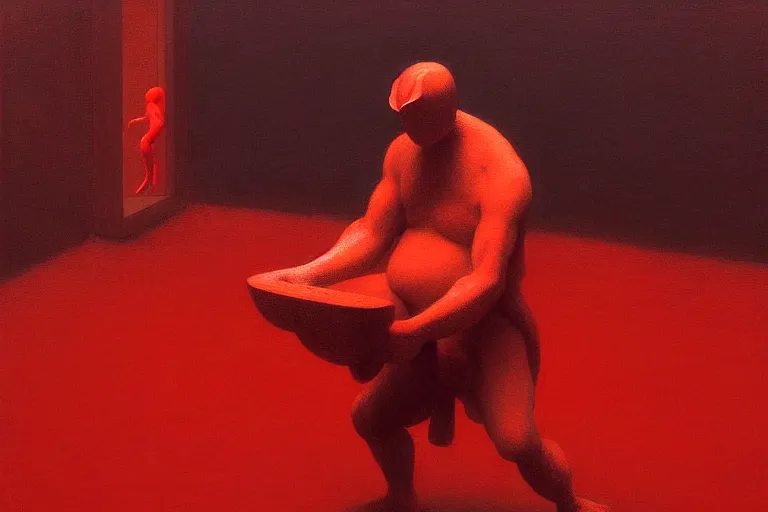 Image similar to only with red, a red samurai do seppuku, tokio, a lot of frogs watch, in the style of beksinski, parts by edward hopper, parts by rodcenko, parts by yue minjun, intricate and epic composition, red by caravaggio, insanely quality, highly detailed, masterpiece, red light, artstation, 4 k