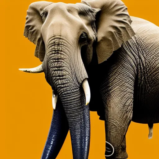 Image similar to elon musk as an elephant with huge elephant tusks growing out of his mouth