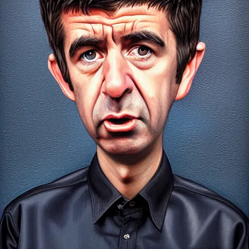 Image similar to Caricature portraits done of Noel Gallagher, realistic, hyperrealistic, very realistic, highly detailed, very detailed, extremely detailed, detailed, oil painting, digital art, trending on artstation