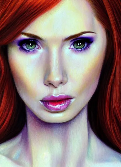 Image similar to sultry look in her eyes Karen Gillan close-up portrait looking straight on, complex artistic color pencil sketch illustration, full detail, gentle shadowing, fully immersive reflections and particle effects.
