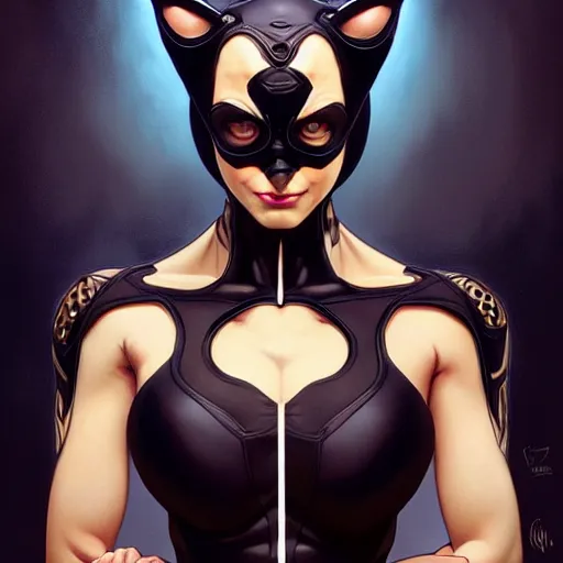 Image similar to symmetry!! intense fanart of catwoman, intricate, elegant, highly detailed, my rendition, digital painting, artstation, concept art, smooth, sharp focus, illustration, art by artgerm and greg rutkowski and alphonse mucha