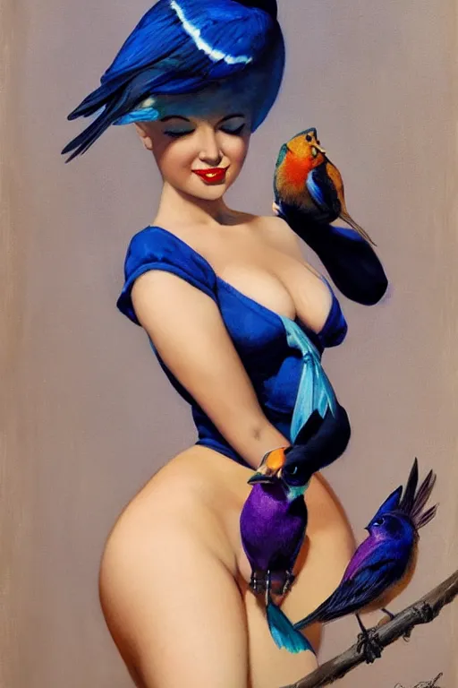 Image similar to pinup girl holding an indigo bunting, bird, the bird is wearing a bowtie by greg rutkowski, rossdraws, gil elvgren, enoch bolles, anime, porcelain skin, glistening, very coherent, hyper realistic painting