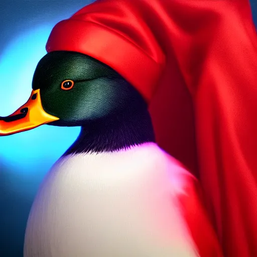 Image similar to portrait of cute mallard duck, wearing cultist red robe, inside a castle, black feathers, glowing arcane eyes, expressive oil painting, digital art, octane render