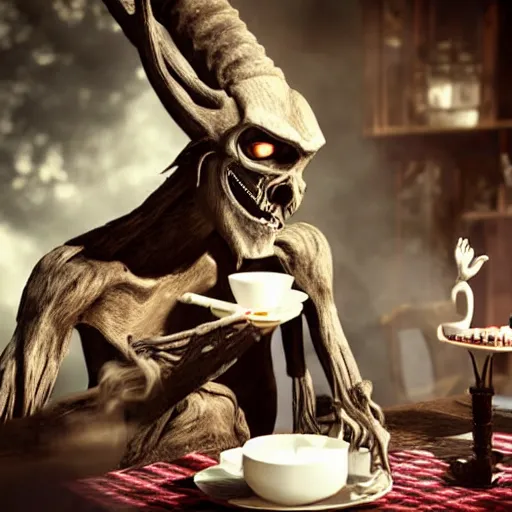 Image similar to a photograph of a Wendigo having a tea party