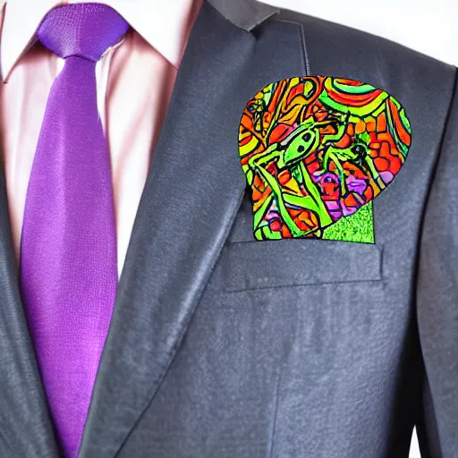 Image similar to frog rave pin on a suit jacket, psychedelic colours beautiful reflections