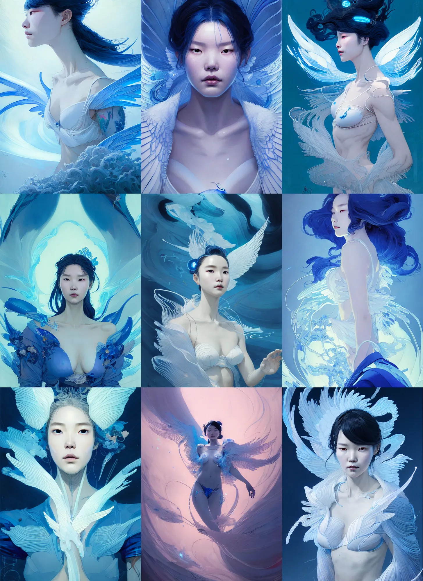 Prompt: character design by james jean, jakub rebelka, tran nguyen, yoann lossel, wadim kashin ( ( ( portrait of lee ji - eun with white wings in a royal blue chic bra ) ) ) emerging from a bioluminescent wave, sharp edges. ultra clear detailed. 8 k. ultra detailed, majestic, intricate,